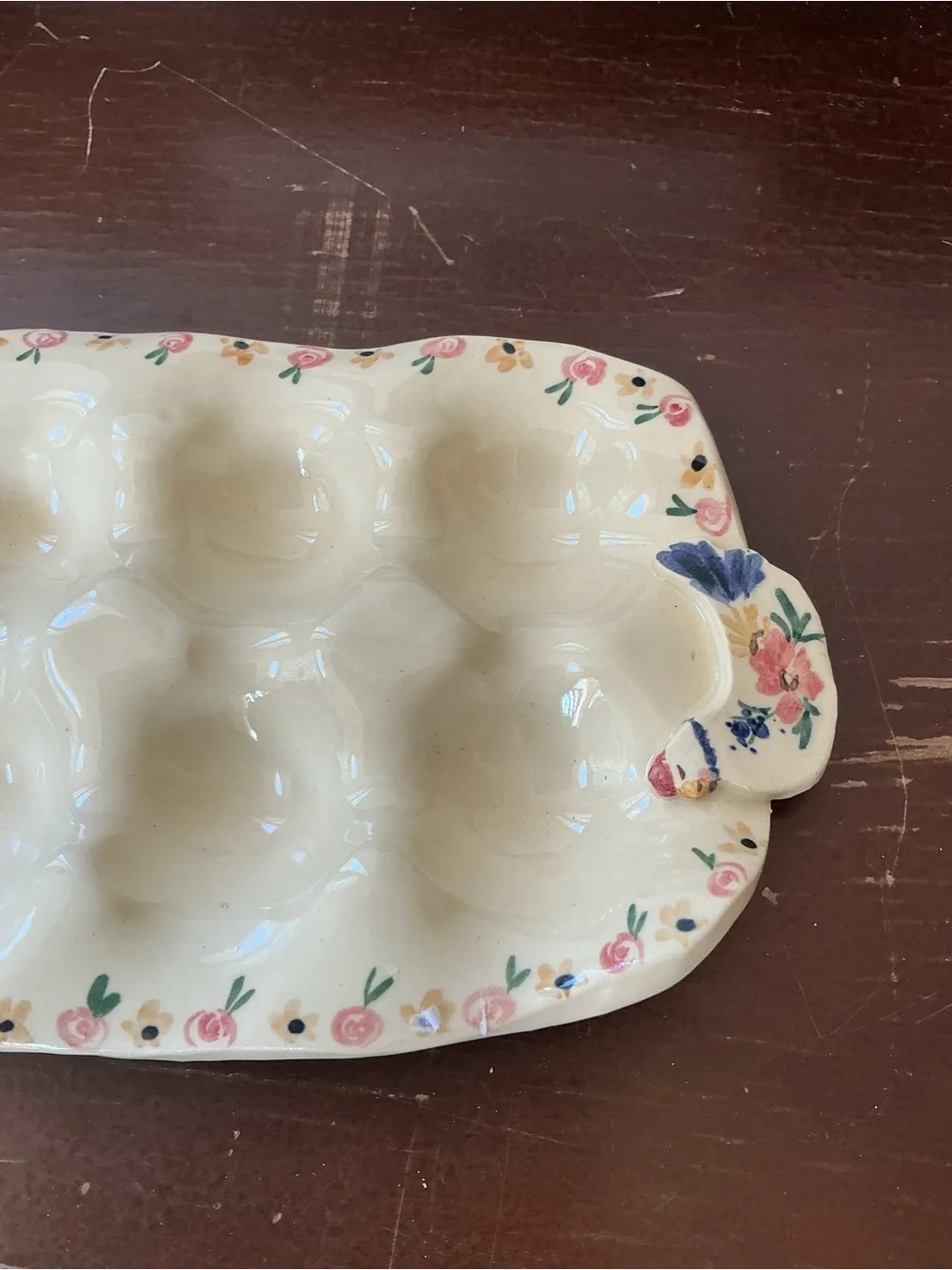 Hand-Painted Cream Ceramic Egg Tray with Floral Trim